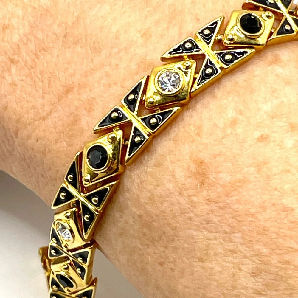 Joan Rivers Signed Vintage Gold Tone Crystal Enamel Link Bracelet 7 1/4
